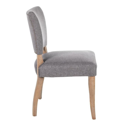 Gray upholstered chair with light wooden legs, side view.