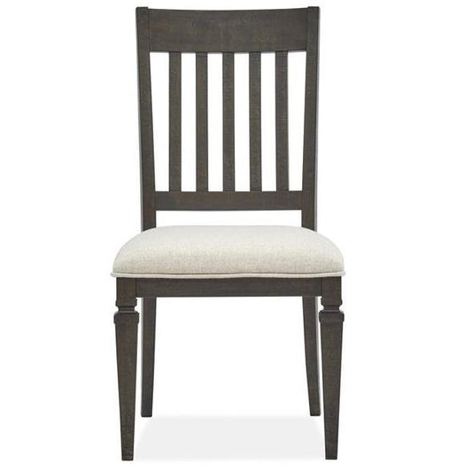 Wooden chair with a slatted back and a cushioned seat.