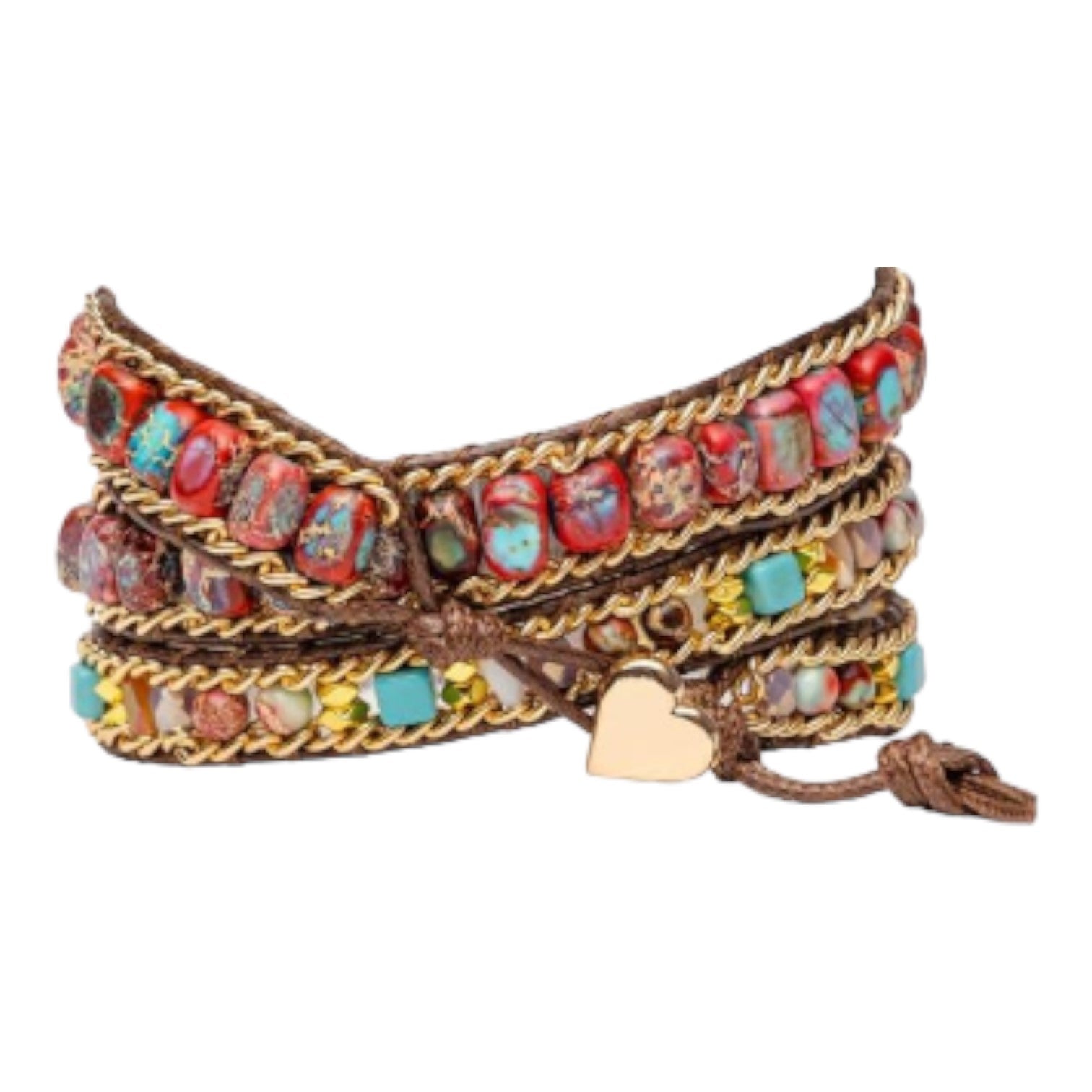 Colorful beaded bracelet with gold accents and a heart charm.
