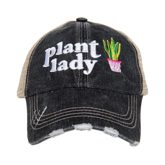 Black cap with "plant lady" text and plant design.