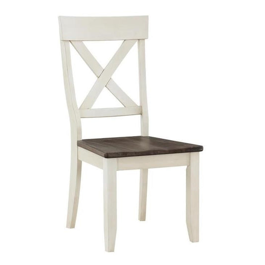 Wooden chair with a white frame and dark brown seat.