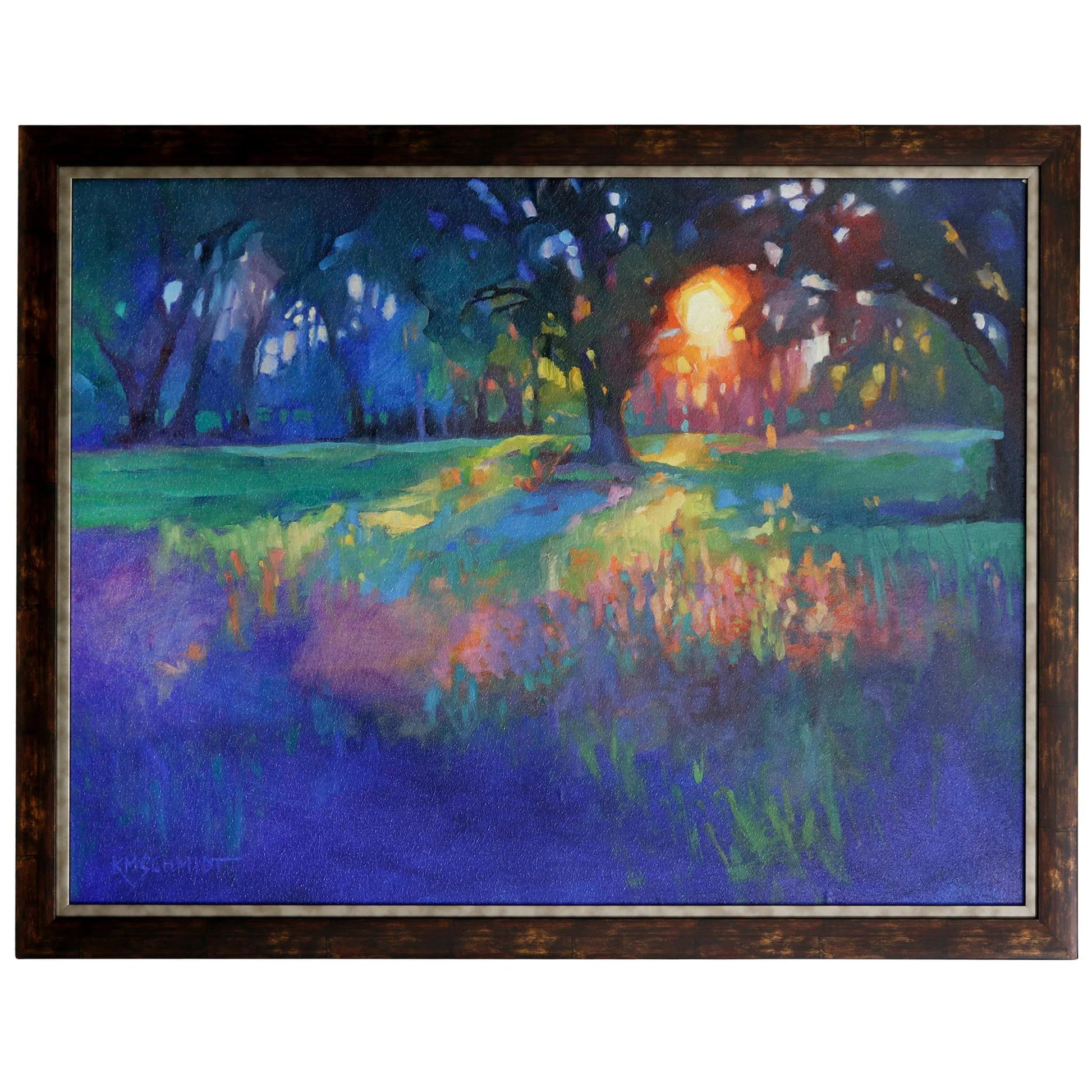 Vibrant sunset landscape painting with colorful trees and lush greenery.