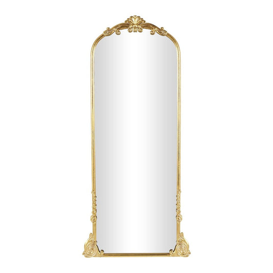 Elegant gold-framed floor mirror with ornate details.