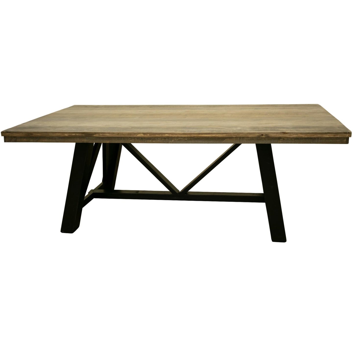 Wooden table with black metal legs in a simple design.