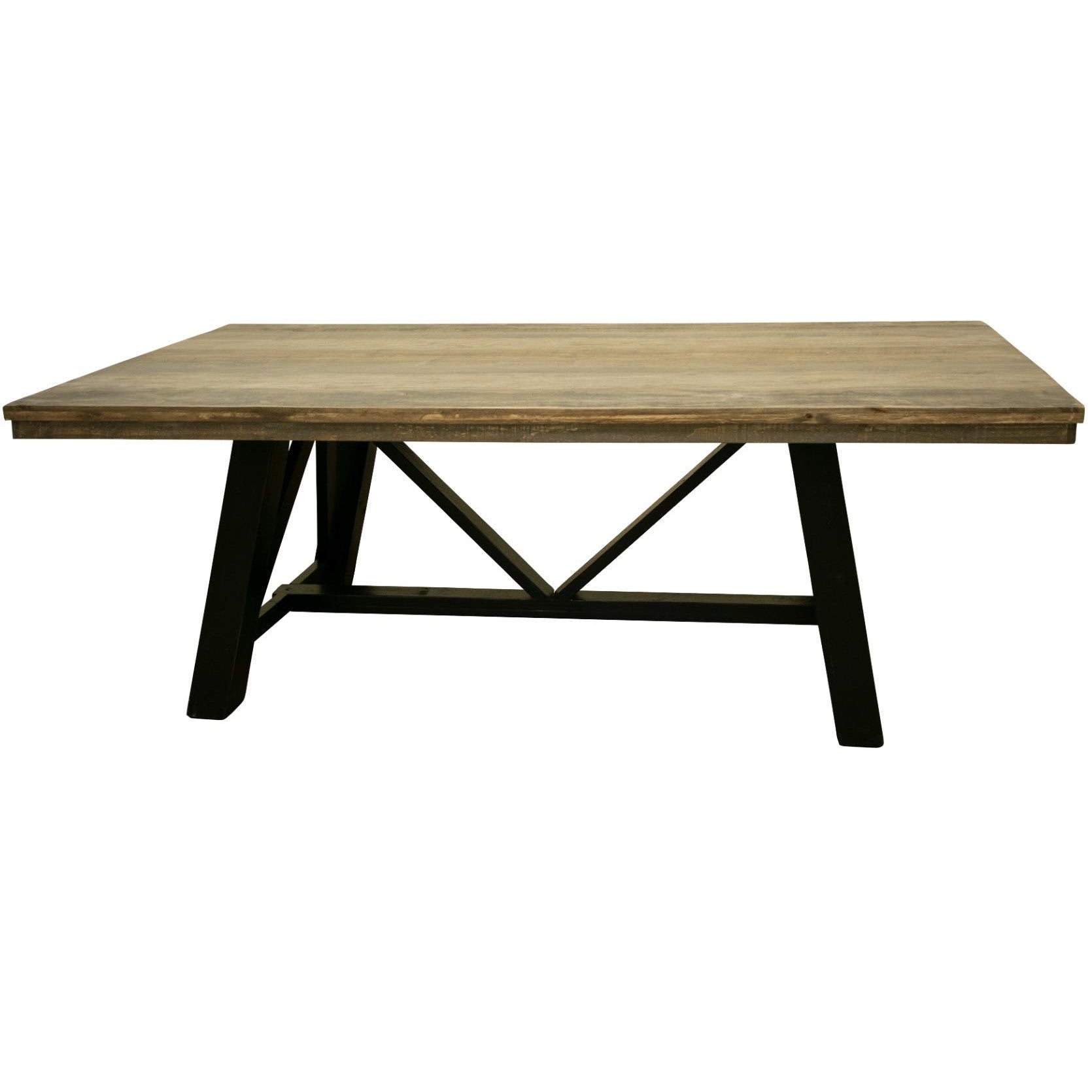 Wooden table with black metal legs in a simple design.