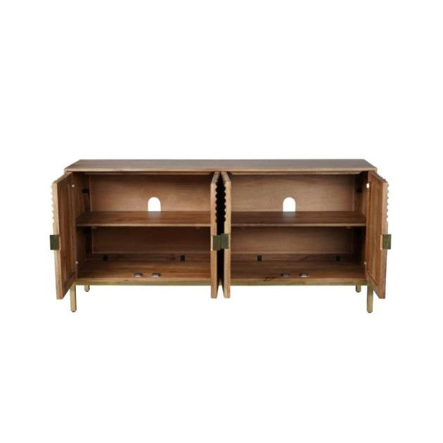 Open wooden cabinet with shelves and brass hinges.
