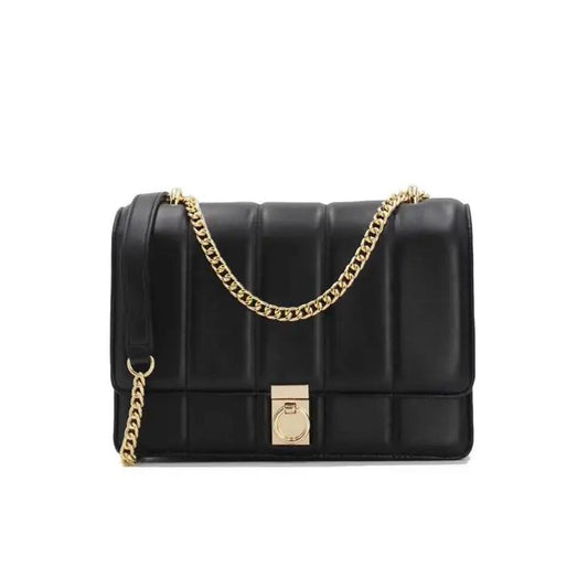 Black quilted handbag with gold chain and clasp.