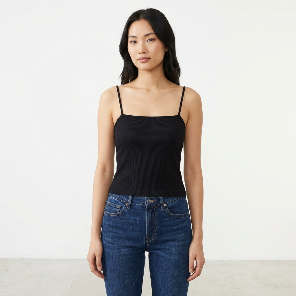 Woman in black camisole and jeans against white background.