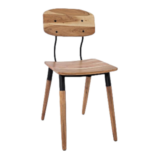 Wooden chair with black metal accents, simple and modern design.