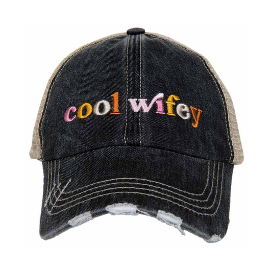 Black cap with "cool wifey" text in colorful letters.