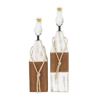 Two wooden bird sculptures with rope, rustic style.