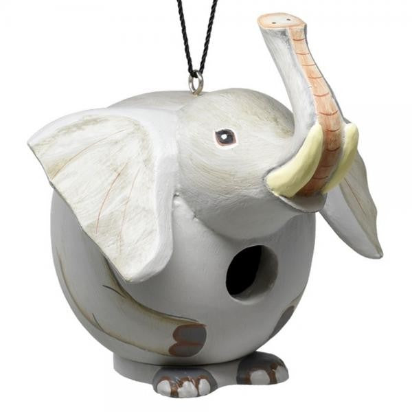 Elephant-shaped birdhouse with hanging string.