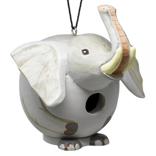 Elephant-shaped birdhouse with hanging string.