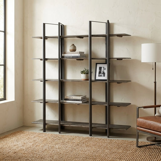 Modern metal-and-wood bookshelf with open shelves and a geometric design.