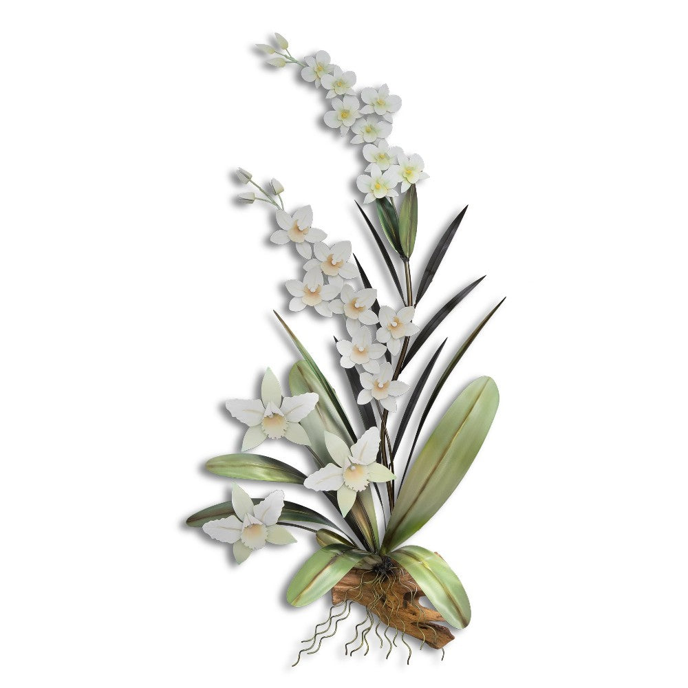 Elegant metal orchid sculpture with delicate white flowers.