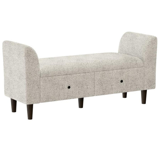 Gray upholstered bench with storage and dark wooden legs.