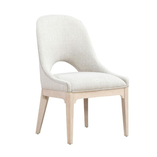 Modern beige chair with curved backrest and light wood legs.