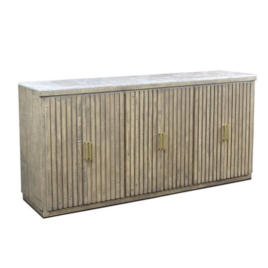 Wooden sideboard with vertical grooves and metal handles.
