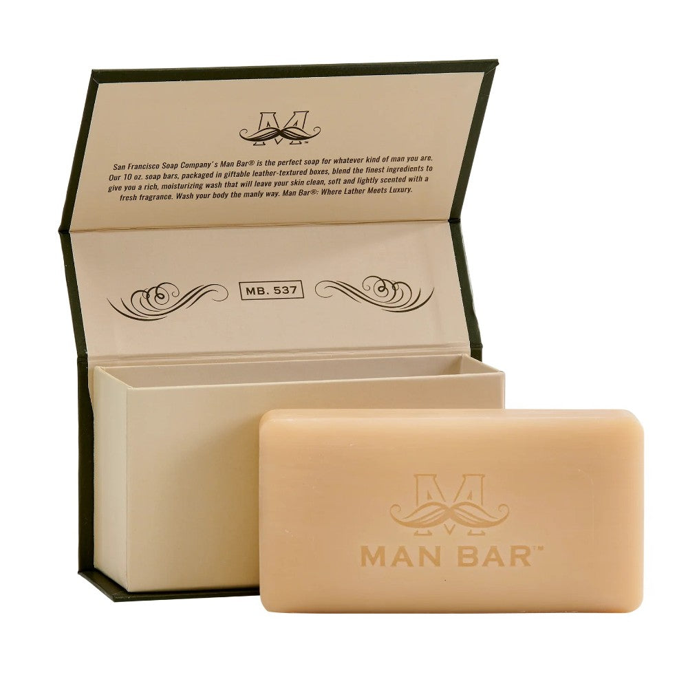 Man Bar soap with elegant packaging and mustache logo.