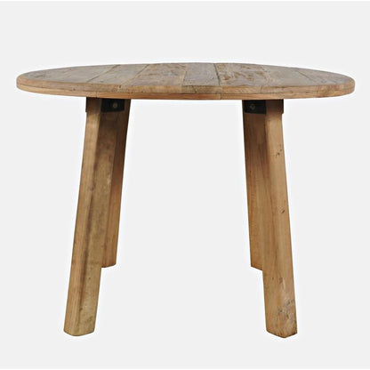 Round wooden table with three legs.