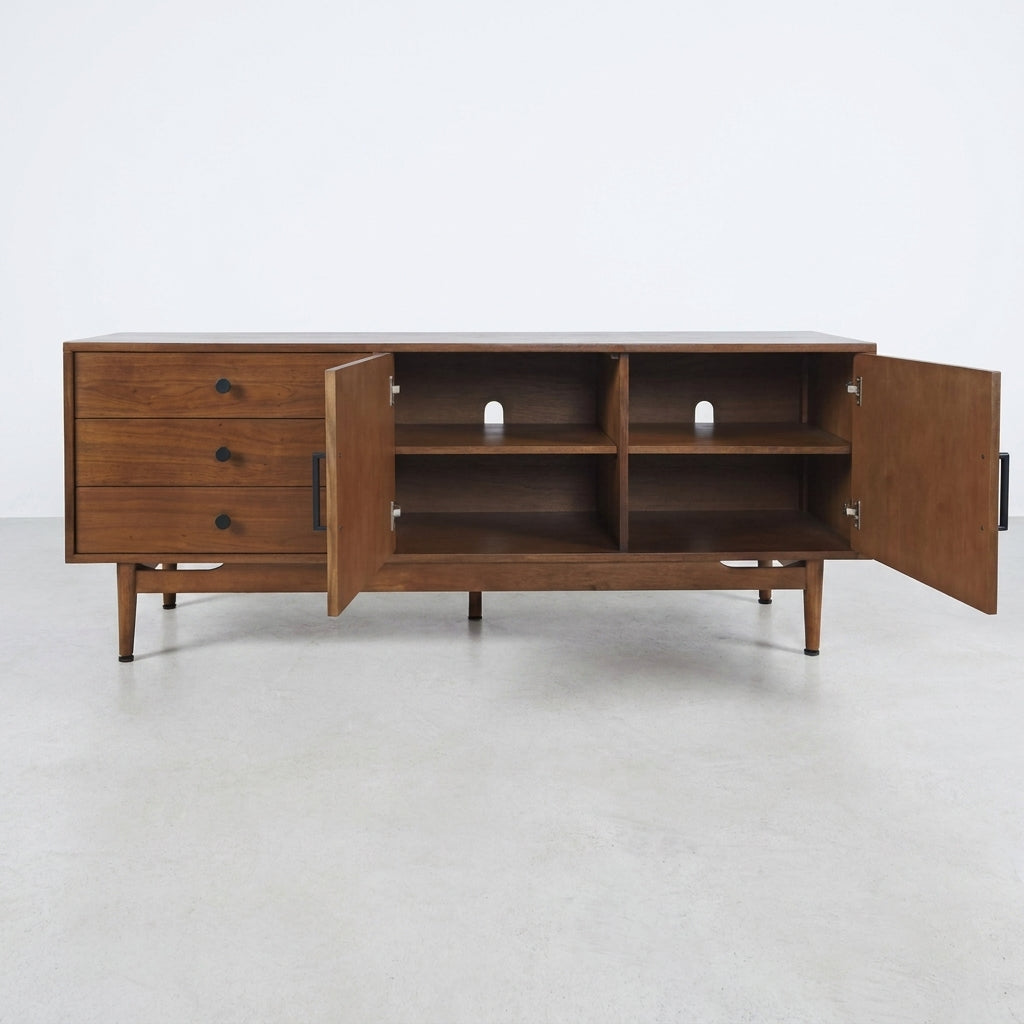 Mid-century modern wooden credenza with open doors and drawers.