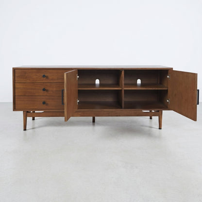 Mid-century modern wooden credenza with open doors and drawers.