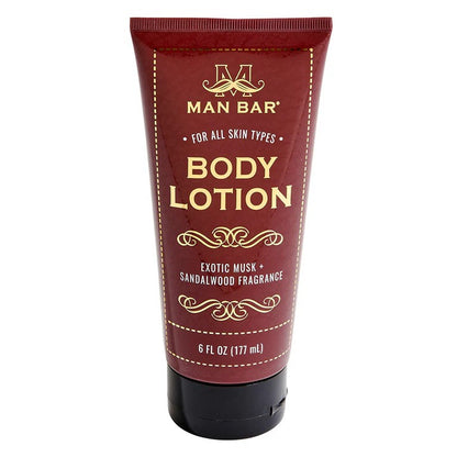 Red tube of body lotion with exotic musk and sandalwood.