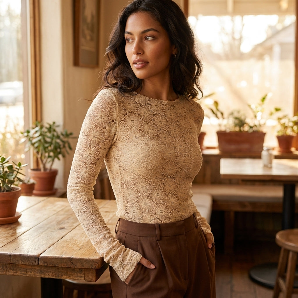 Woman in lace top stands by wooden table with potted plants.