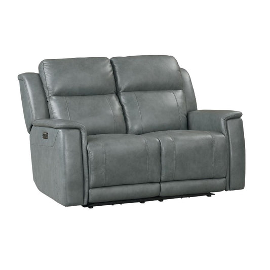 Gray leather recliner loveseat with plush cushions.