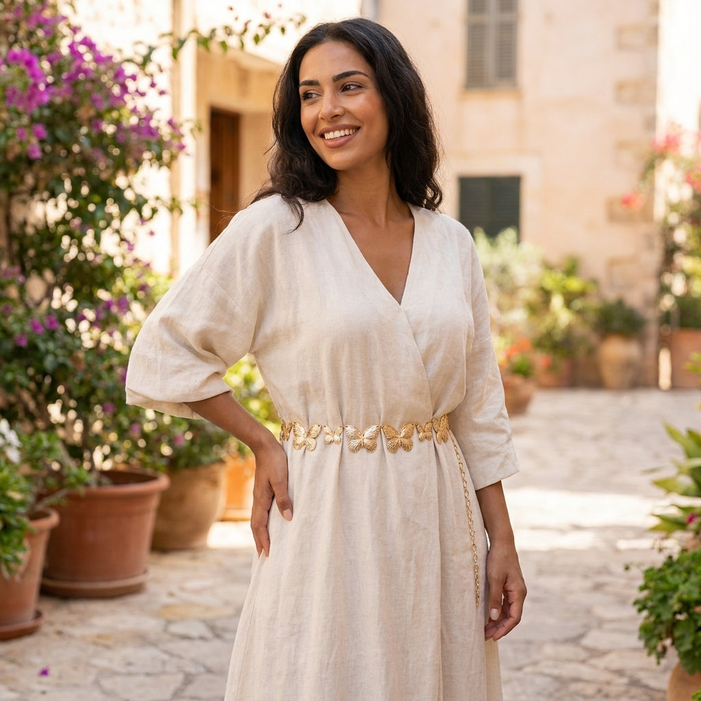 Woman in a beige dress with a gold belt, smiling outdoors near flowers.
