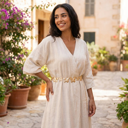 Woman in a beige dress with a gold belt, smiling outdoors near flowers.