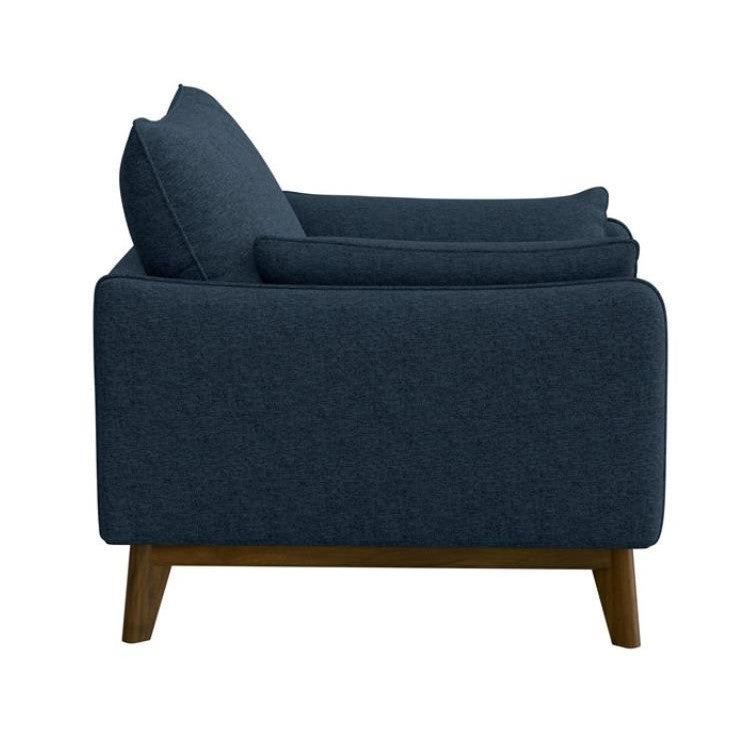 A dark blue sofa with wooden legs, side view.