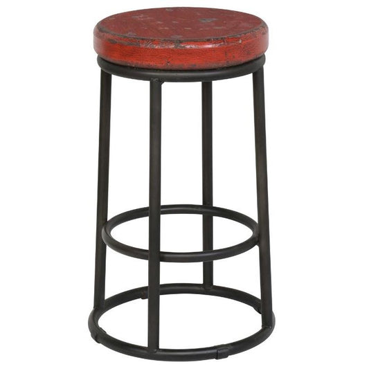 Wooden bar stool with red seat and metal legs.
