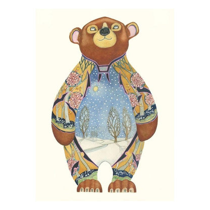 Cartoon bear with winter scene and floral designs on its body.