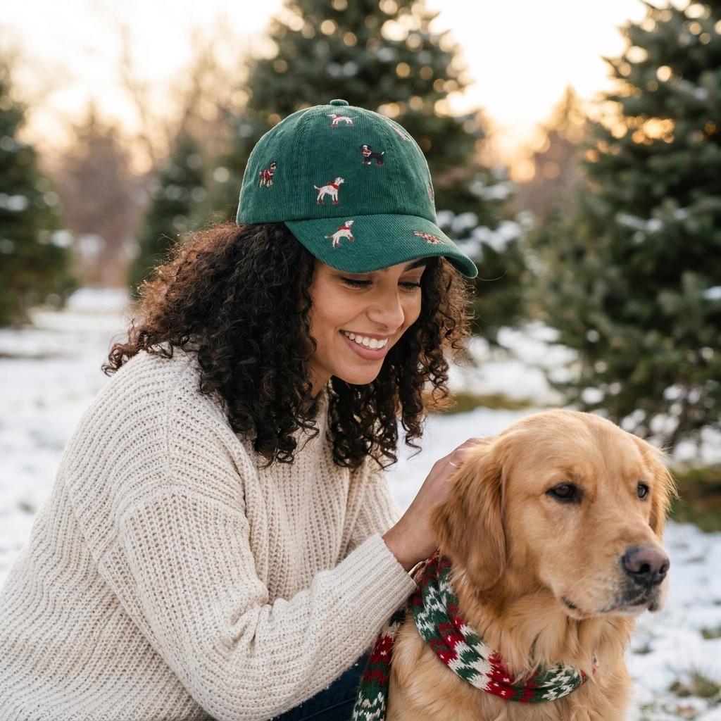 A woman in a green cap pets a golden retriever wearing a festive scarf in a snowy park.
