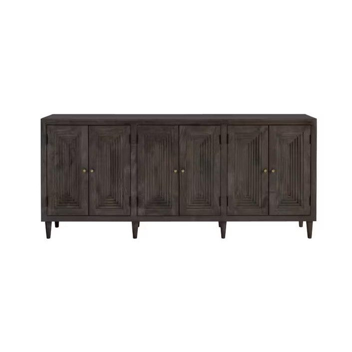 Dark wooden sideboard with four paneled doors and small round handles.