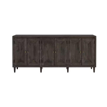 Dark wooden sideboard with four paneled doors and small round handles.
