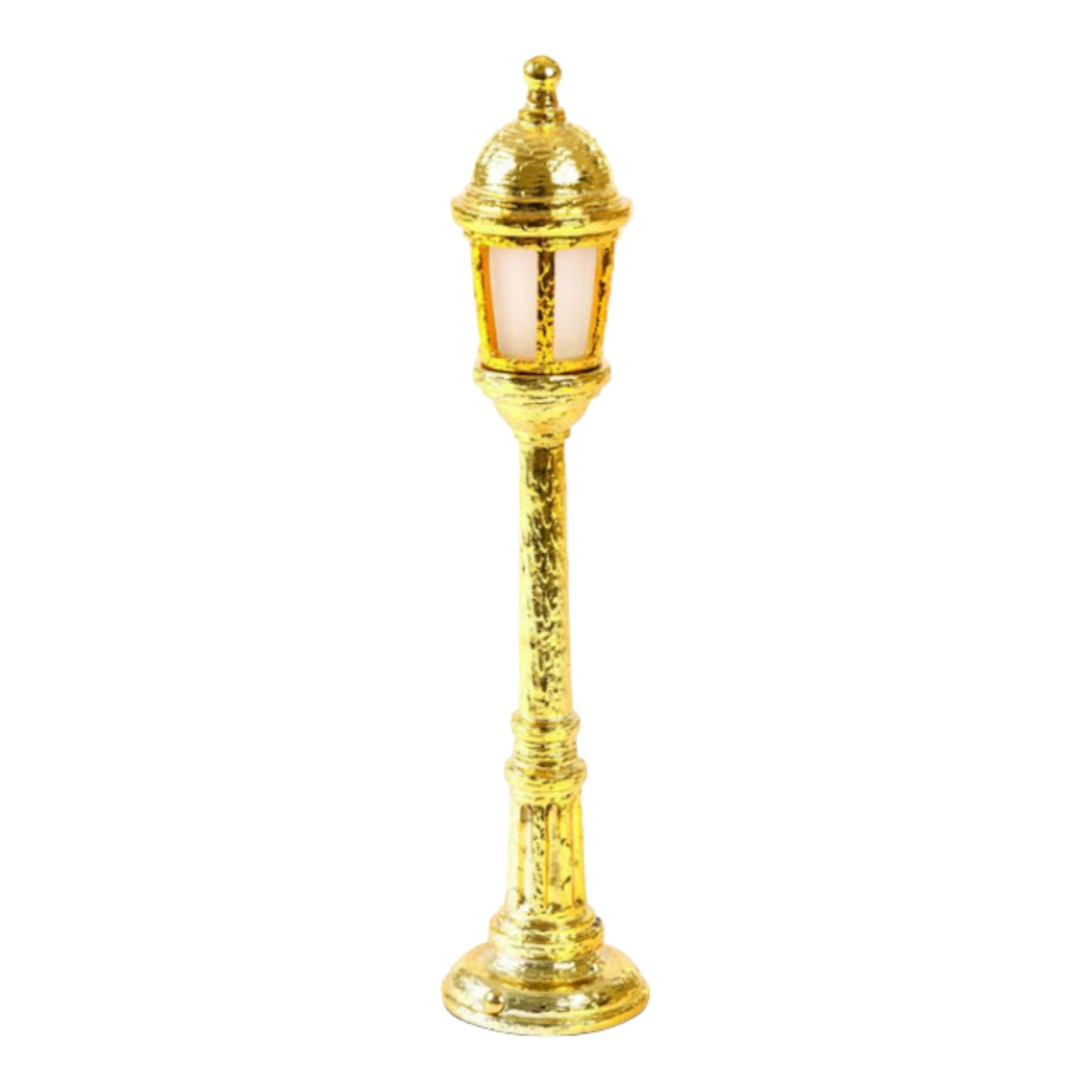 Gold miniature street lamp with ornate design.
