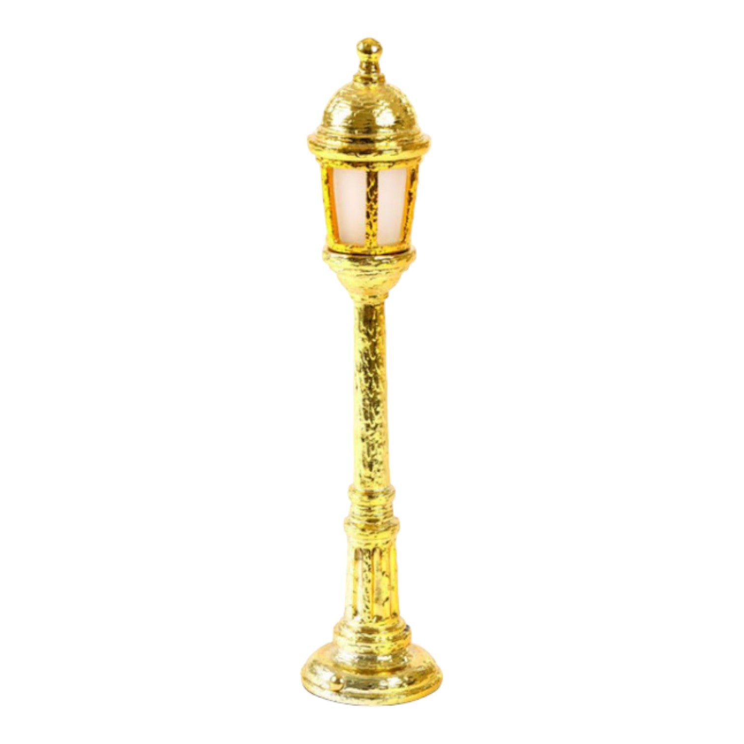 Gold miniature street lamp with ornate design.