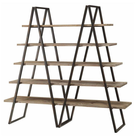 Wooden ladder-style shelf with metal frame.