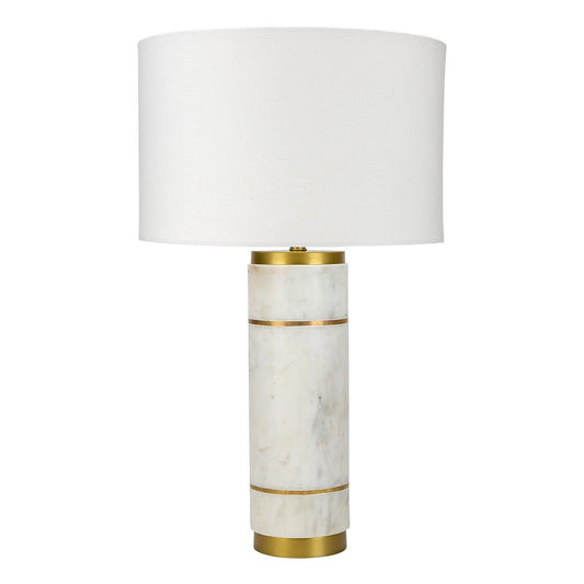 Marble table lamp with a white shade and gold accents.