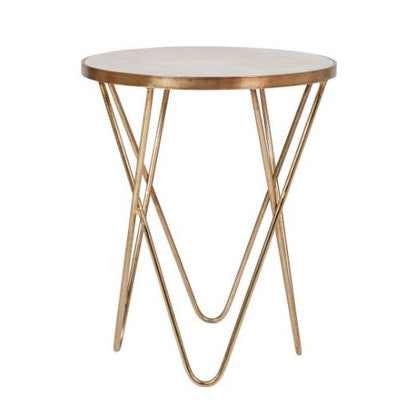 Gold metal table with triangular leg design.