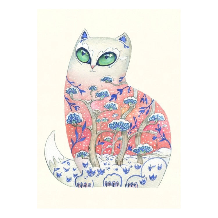 Whimsical cat with large eyes, floral patterns, blending nature and fantasy.