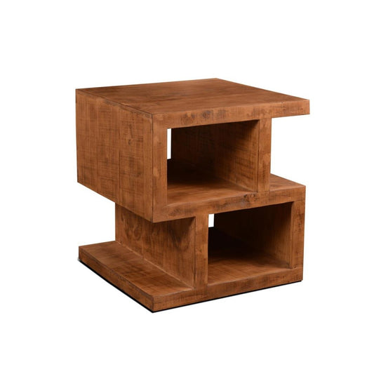 Geometric wooden side table with open shelves.