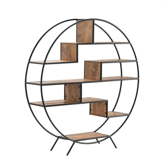 Circular bookshelf with wooden shelves and a black metal frame.