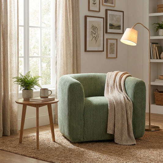Green, ribbed fabric armchair with rounded edges.