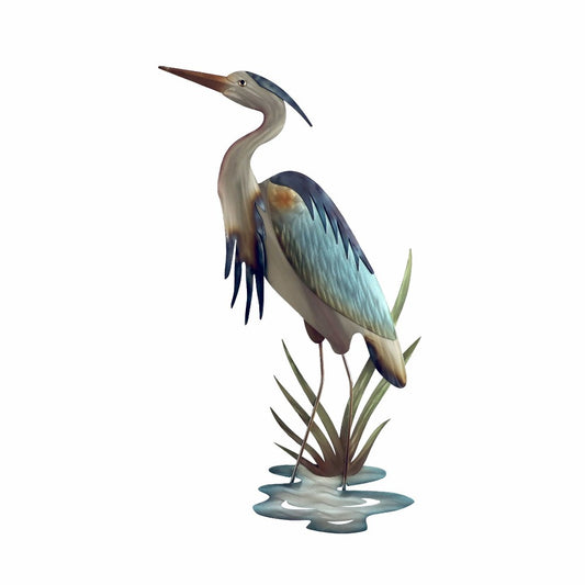 Elegant heron standing in water, surrounded by reeds.