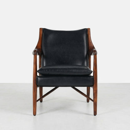 Wooden chair with black leather upholstery and armrests.