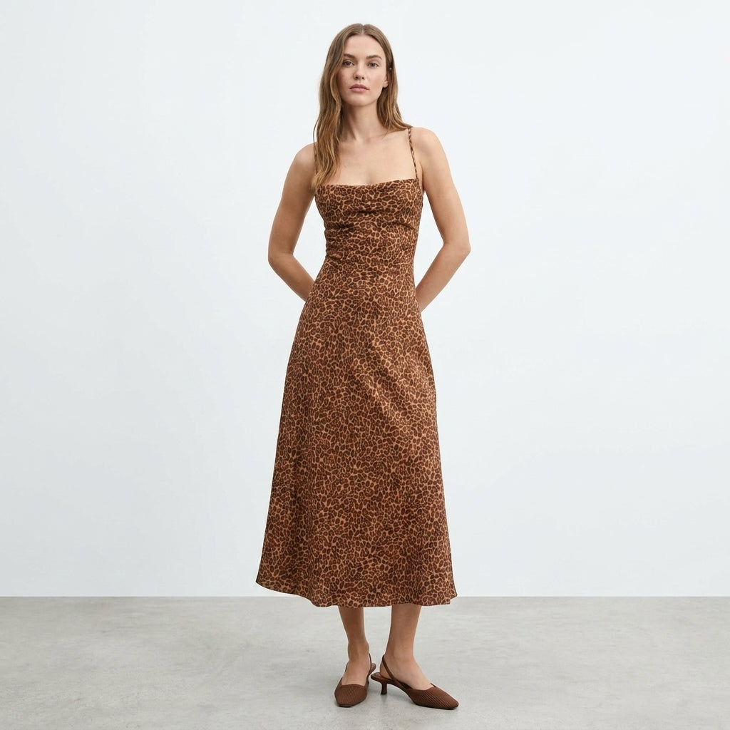 Woman in a leopard print dress with brown shoes.