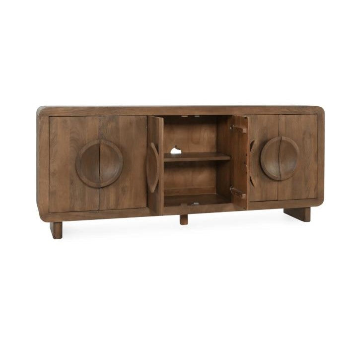 Side view of a wooden cabinet with a square base and a round handle.